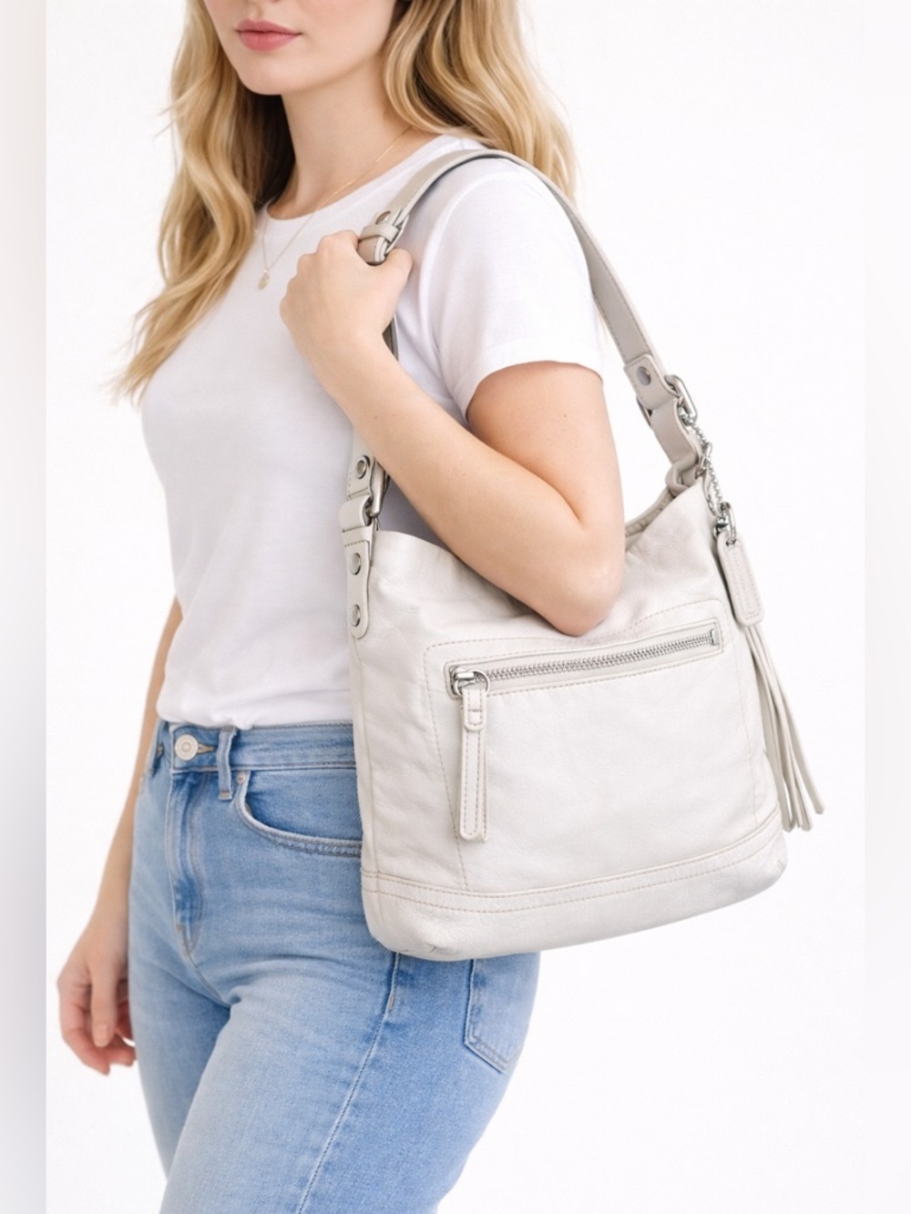 Coach soft white Leather Hobo Bag | Silver Hardware | Tassel | Style 1444